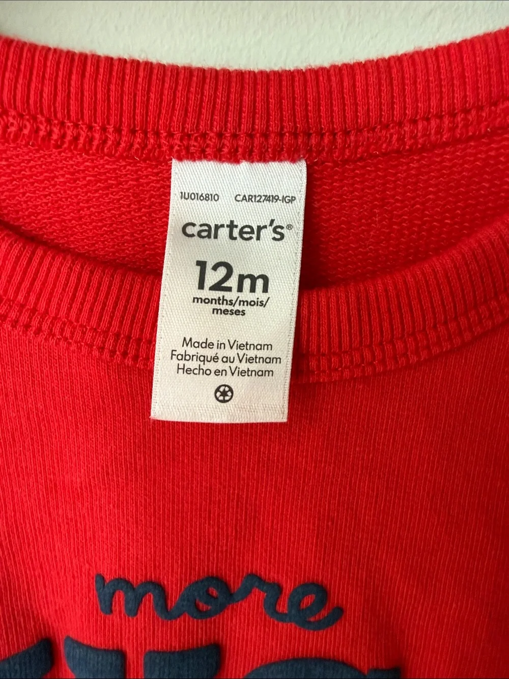 Carter’s Baby Boys Red “More Hugs” Terry Cloth Romper Jumpsuit 12M Snap Bottom